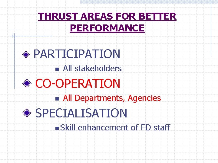 THRUST AREAS FOR BETTER PERFORMANCE PARTICIPATION n All stakeholders CO-OPERATION n All Departments, Agencies THRUST AREAS FOR BETTER PERFORMANCE PARTICIPATION n All stakeholders CO-OPERATION n All Departments, Agencies
