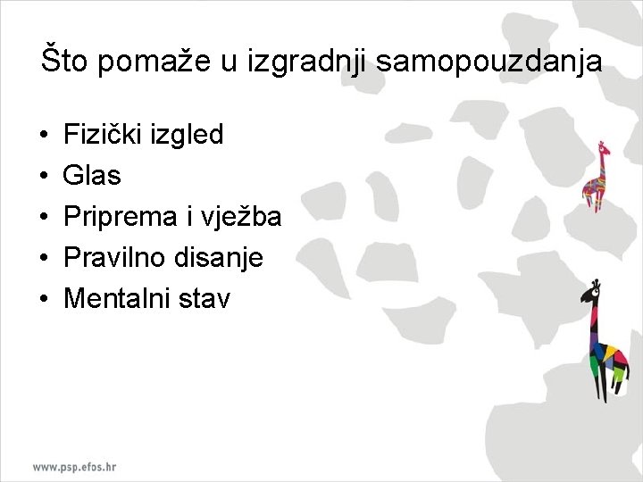 Što pomaže u izgradnji samopouzdanja • • • Fizički izgled Glas Priprema i vježba