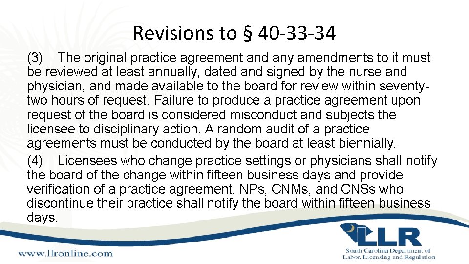 Revisions to § 40 -33 -34 (3) The original practice agreement and any amendments Revisions to § 40 -33 -34 (3) The original practice agreement and any amendments