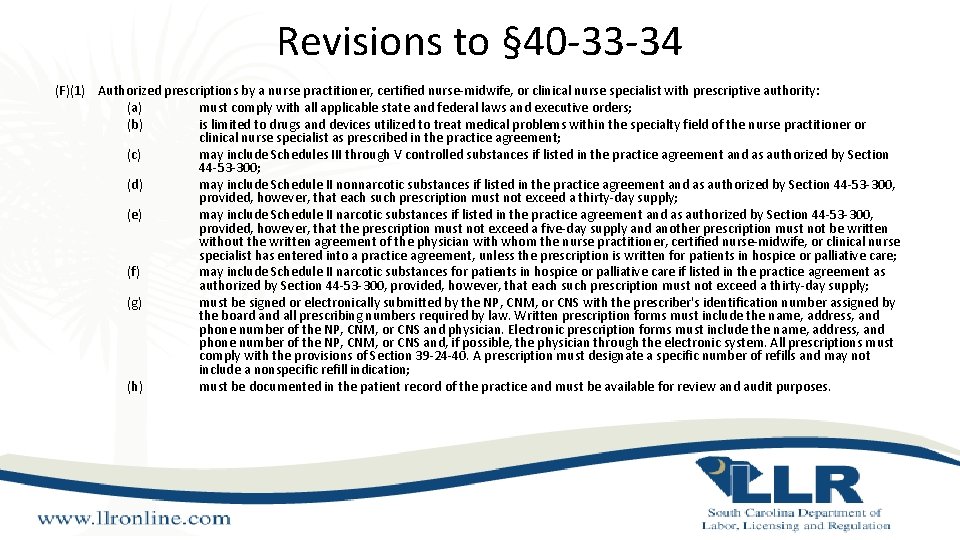 Revisions to § 40 -33 -34 (F)(1) Authorized prescriptions by a nurse practitioner, certified Revisions to § 40 -33 -34 (F)(1) Authorized prescriptions by a nurse practitioner, certified