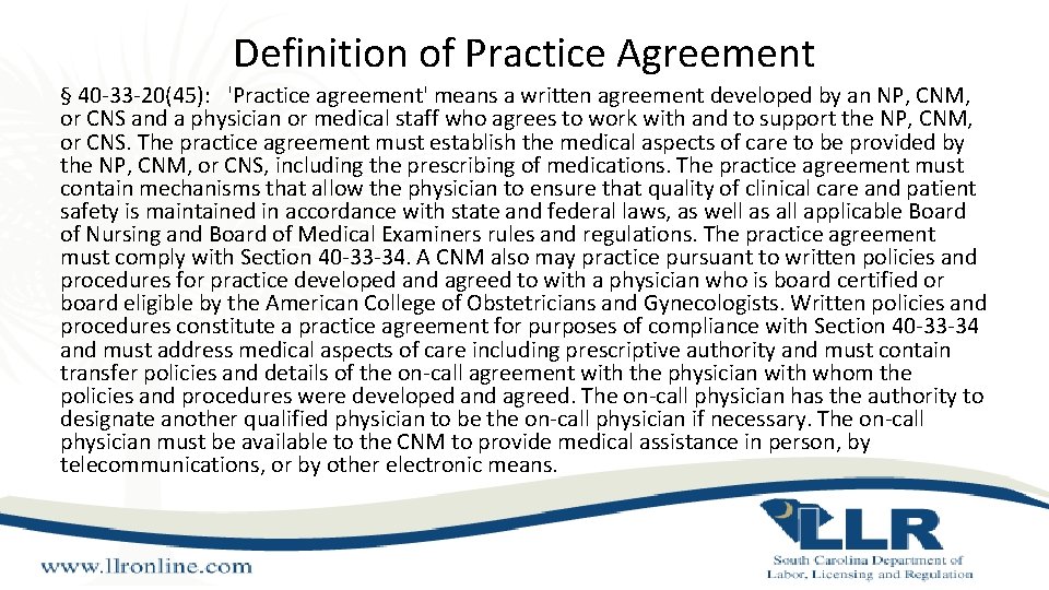 Definition of Practice Agreement § 40 -33 -20(45): 'Practice agreement' means a written agreement Definition of Practice Agreement § 40 -33 -20(45): 'Practice agreement' means a written agreement