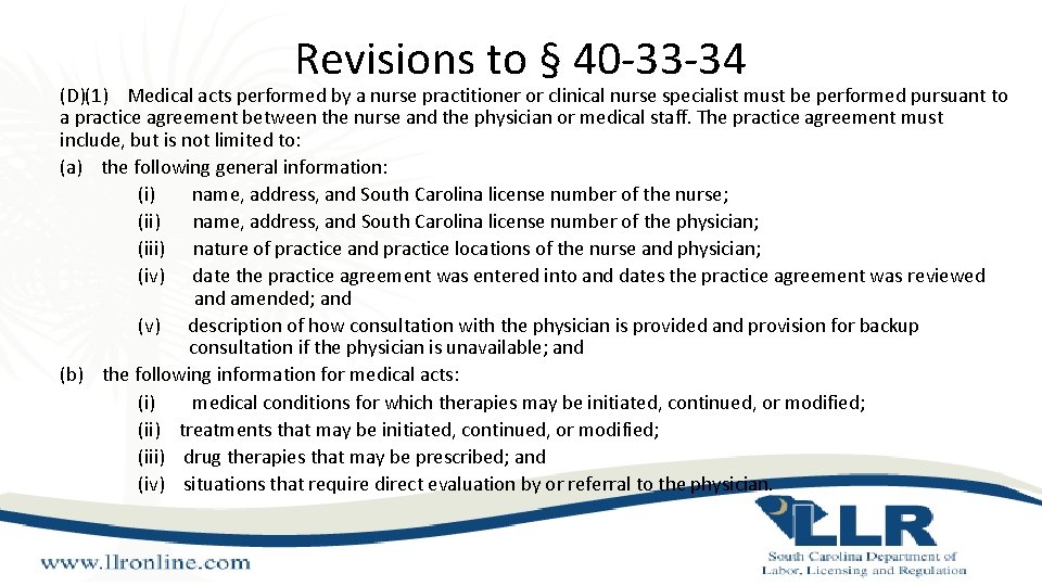 Revisions to § 40 -33 -34 (D)(1) Medical acts performed by a nurse practitioner Revisions to § 40 -33 -34 (D)(1) Medical acts performed by a nurse practitioner