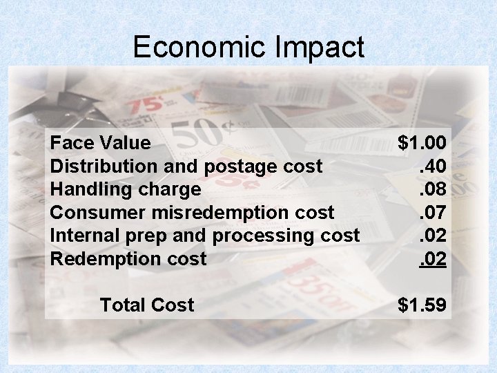 Economic Impact Face Value Distribution and postage cost Handling charge Consumer misredemption cost Internal