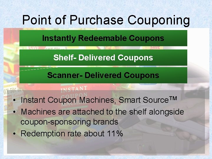 Point of Purchase Couponing Instantly Redeemable Coupons Shelf- Delivered Coupons Scanner- Delivered Coupons •