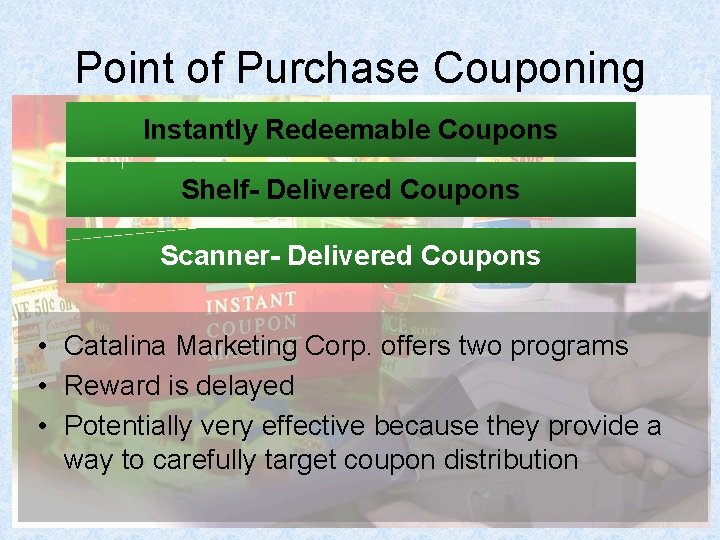 Point of Purchase Couponing Instantly Redeemable Coupons Shelf- Delivered Coupons Scanner- Delivered Coupons •