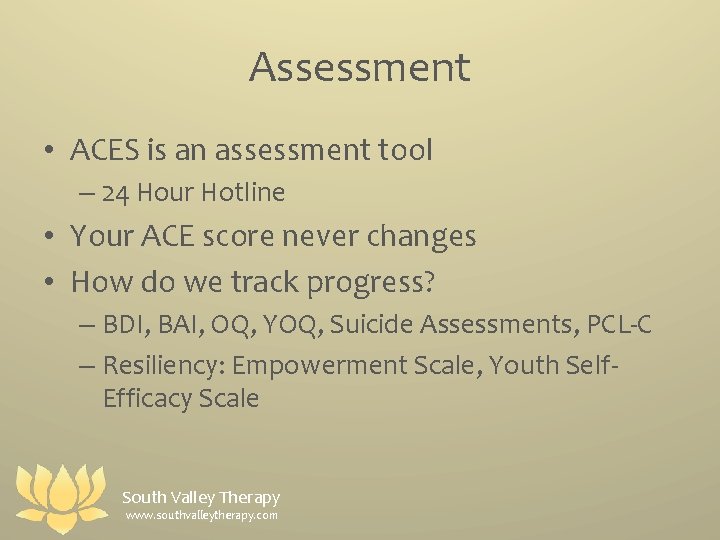 Assessment • ACES is an assessment tool – 24 Hour Hotline • Your ACE