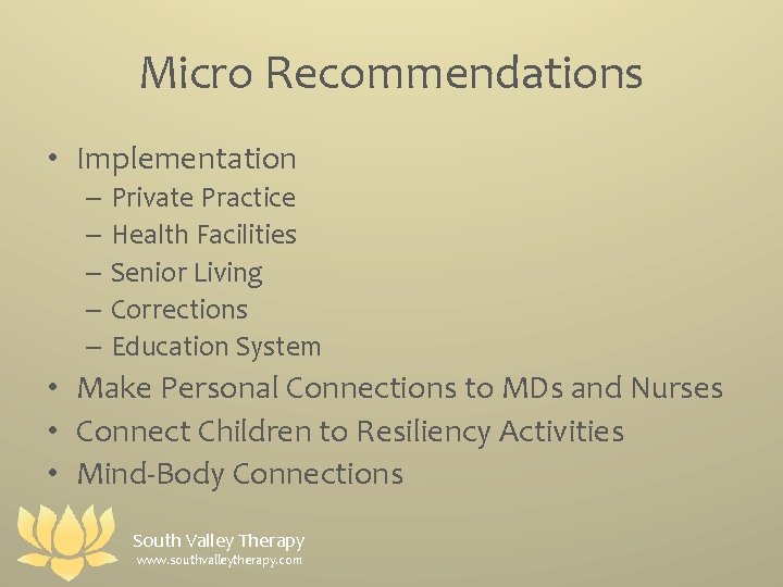 Micro Recommendations • Implementation – Private Practice – Health Facilities – Senior Living –