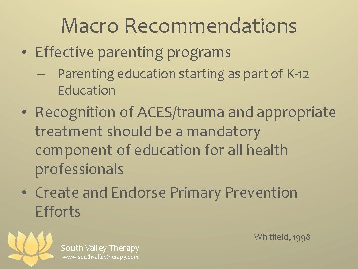 Macro Recommendations • Effective parenting programs – Parenting education starting as part of K-12