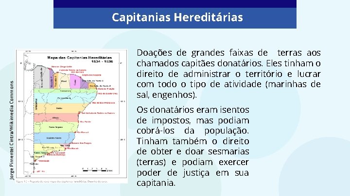 Jorge Pimentel Cintra/Wiikimedia Commons Capitanias Hereditárias Doações de grandes faixas de terras aos chamados