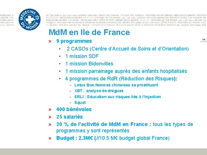 Md. M en Ile de France » 9 programmes • 2 CASOs (Centre d’Accueil