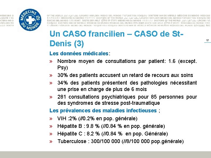 Un CASO francilien – CASO de St. Denis (3) Les données médicales: » Nombre