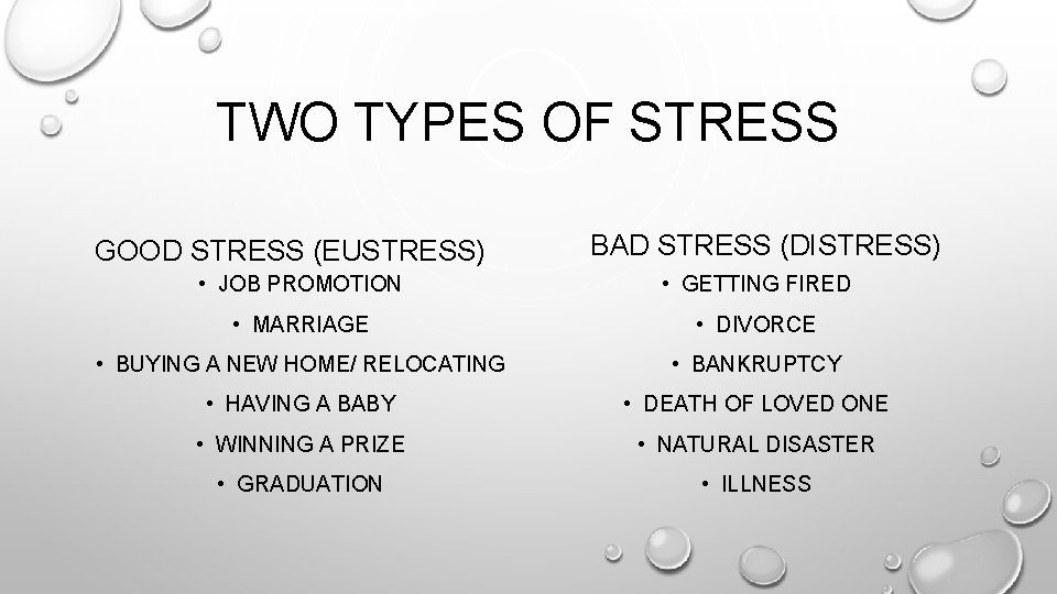 TWO TYPES OF STRESS GOOD STRESS (EUSTRESS) BAD STRESS (DISTRESS) • JOB PROMOTION •