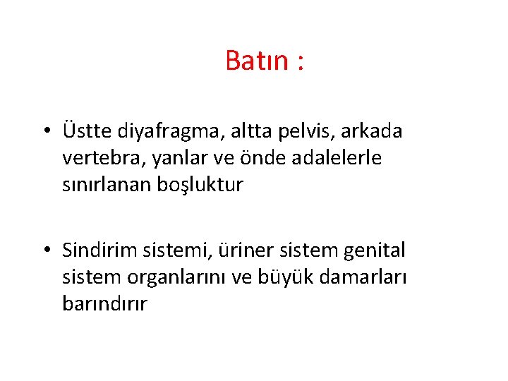 Batın : • Üstte diyafragma, altta pelvis, arkada vertebra, yanlar ve önde adalelerle