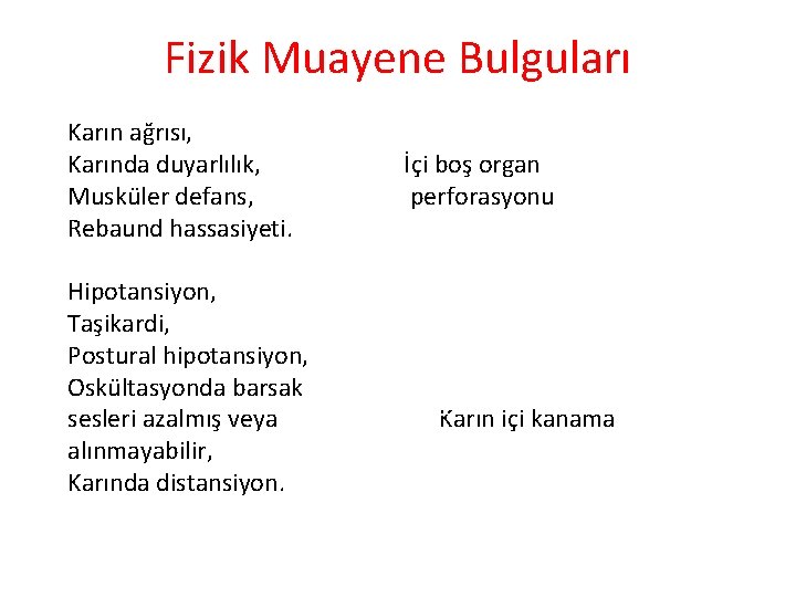 Fizik Muayene Bulguları Karın ağrısı, Karında duyarlılık, Musküler defans, Rebaund hassasiyeti. İçi boş organ