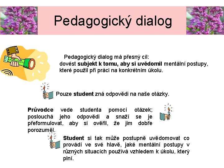 Pedagogický dialog má přesný cíl: dovést subjekt k tomu, aby si uvědomil mentální postupy,