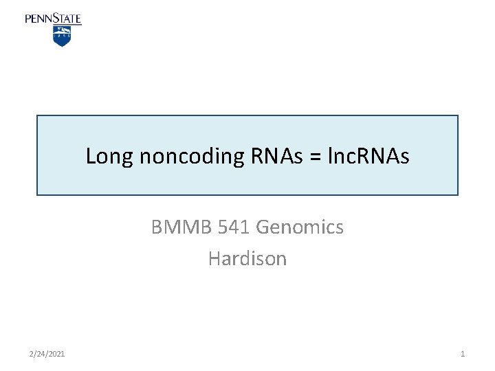 Long noncoding RNAs = lnc. RNAs BMMB 541 Genomics Hardison 2/24/2021 1 