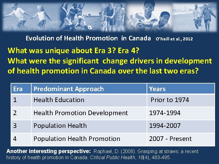 Evolution of Health Promotion in Canada O’Neill et al. , 2012 What was unique