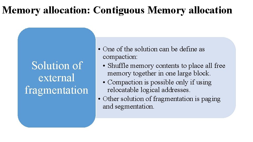 Memory allocation: Contiguous Memory allocation Solution of external fragmentation • One of the solution Memory allocation: Contiguous Memory allocation Solution of external fragmentation • One of the solution