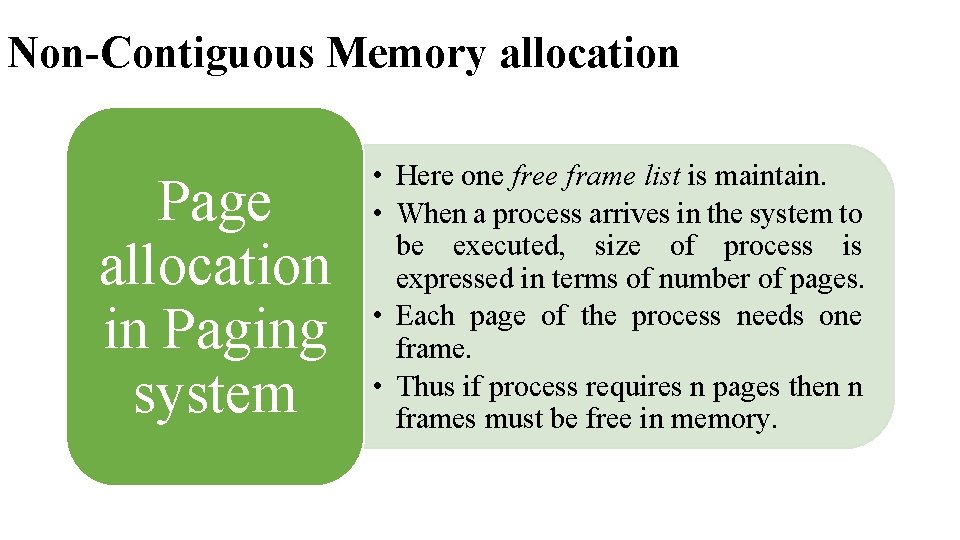 Non-Contiguous Memory allocation Page allocation in Paging system • Here one free frame list Non-Contiguous Memory allocation Page allocation in Paging system • Here one free frame list