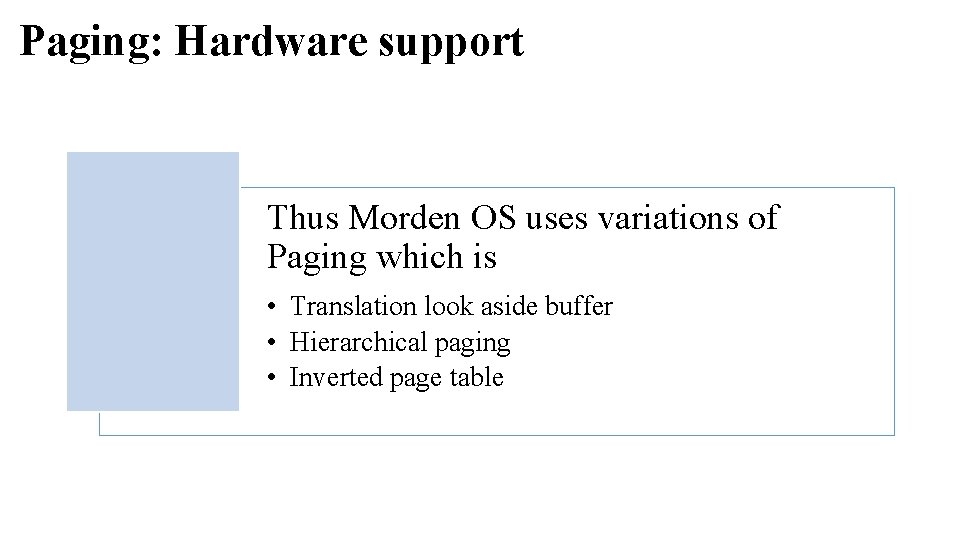 Paging: Hardware support Thus Morden OS uses variations of Paging which is • Translation Paging: Hardware support Thus Morden OS uses variations of Paging which is • Translation