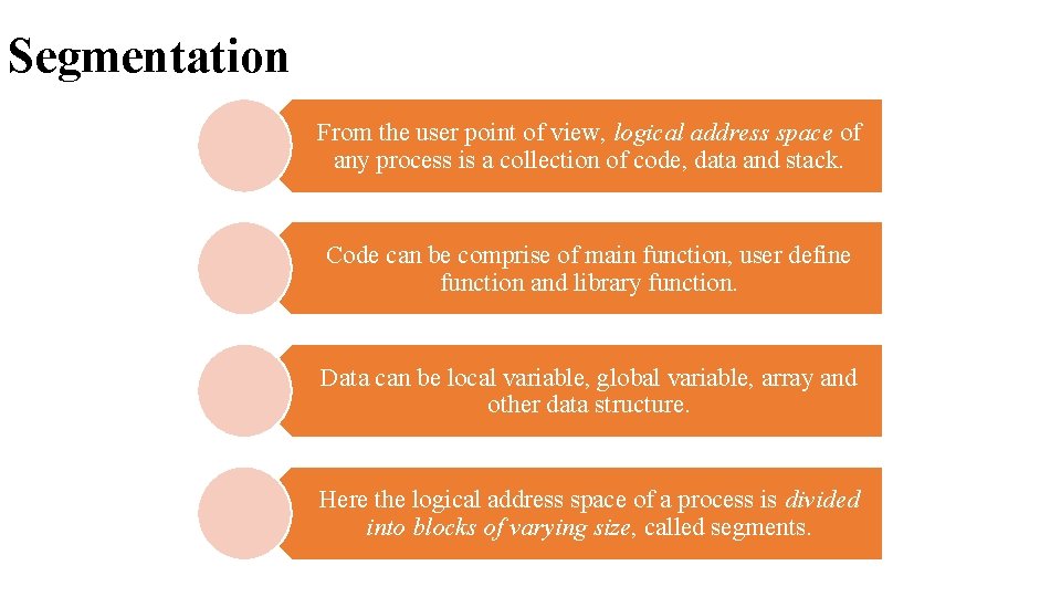 Segmentation From the user point of view, logical address space of any process is Segmentation From the user point of view, logical address space of any process is
