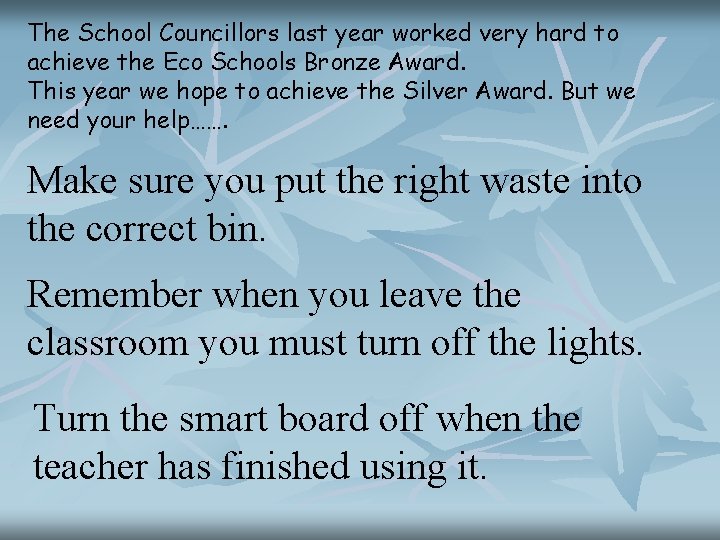 The School Councillors last year worked very hard to achieve the Eco Schools Bronze