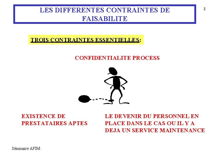 LES DIFFERENTES CONTRAINTES DE FAISABILITE 8 TROIS CONTRAINTES ESSENTIELLES: CONFIDENTIALITE PROCESS EXISTENCE DE PRESTATAIRES