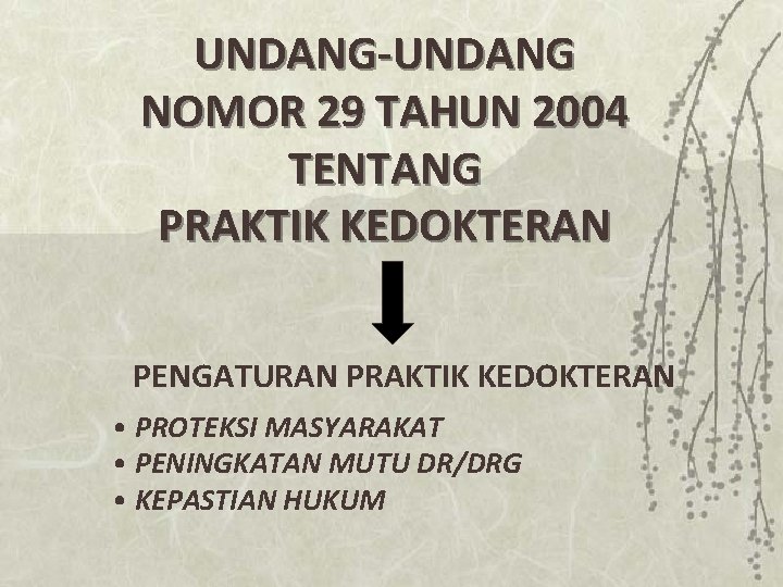 UNDANG-UNDANG NOMOR 29 TAHUN 2004 TENTANG PRAKTIK KEDOKTERAN PENGATURAN PRAKTIK KEDOKTERAN • PROTEKSI MASYARAKAT