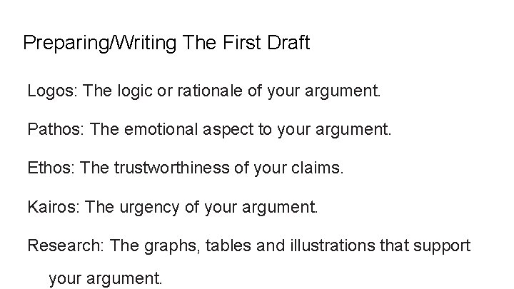 Preparing/Writing The First Draft Logos: The logic or rationale of your argument. Pathos: The