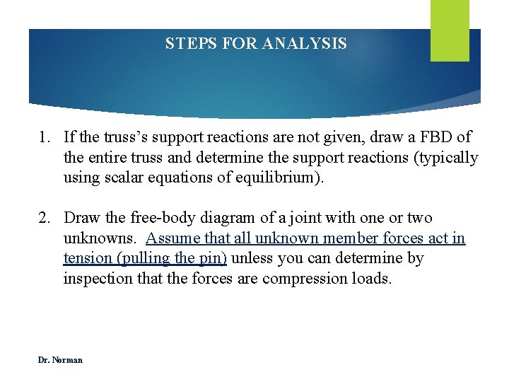 STEPS FOR ANALYSIS 1. If the truss’s support reactions are not given, draw a