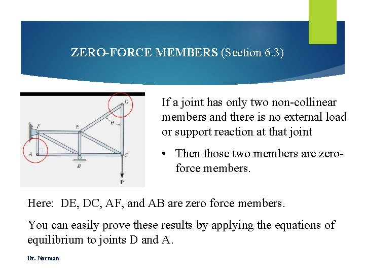 ZERO-FORCE MEMBERS (Section 6. 3) If a joint has only two non-collinear members and