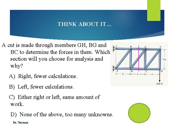 THINK ABOUT IT… A cut is made through members GH, BG and BC to