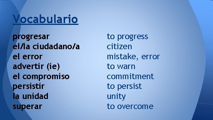 Vocabulario progresar el/la ciudadano/a el error advertir (ie) el compromiso persistir la unidad superar