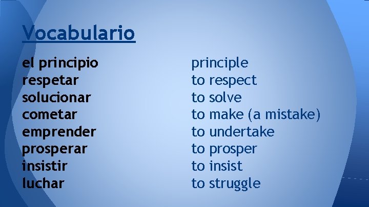 Vocabulario el principio respetar solucionar cometar emprender prosperar insistir luchar principle to respect to