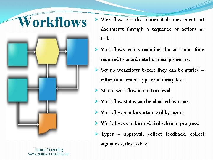 Workflows Ø Workflow is the automated movement of documents through a sequence of actions