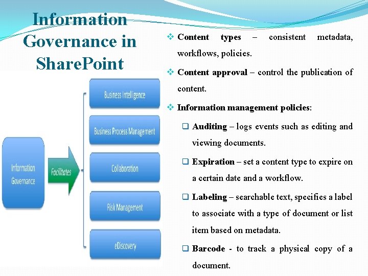 Information Governance in Share. Point v Content types – consistent metadata, workflows, policies. v