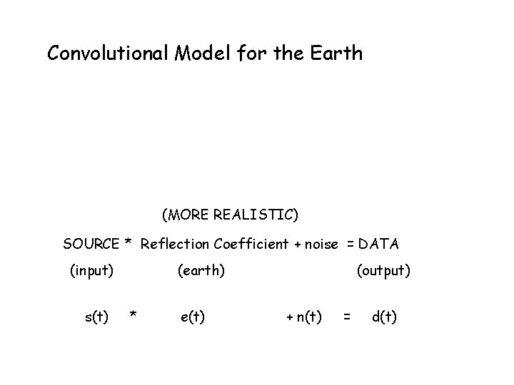 Convolutional Model for the Earth SOURCE * Reflection Coefficient = DATA (input) (earth) (output)