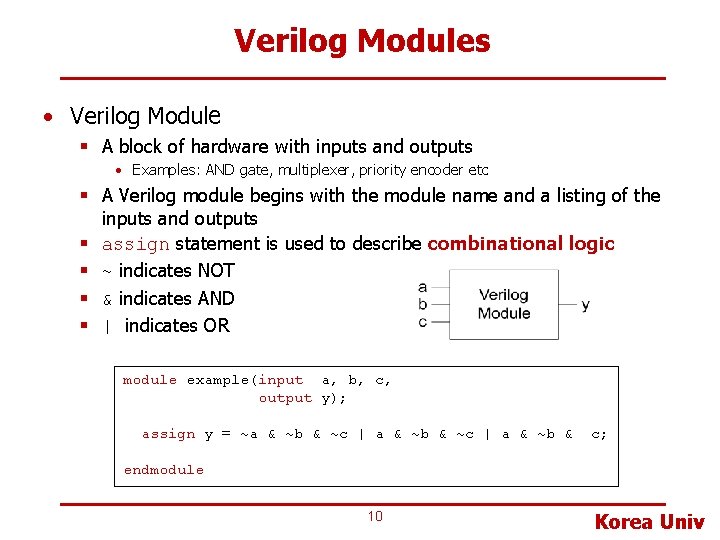 Verilog Modules • Verilog Module § A block of hardware with inputs and outputs