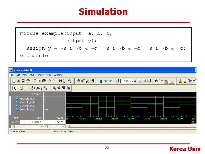 Simulation module example(input a, b, c, output y); assign y = ~a & ~b