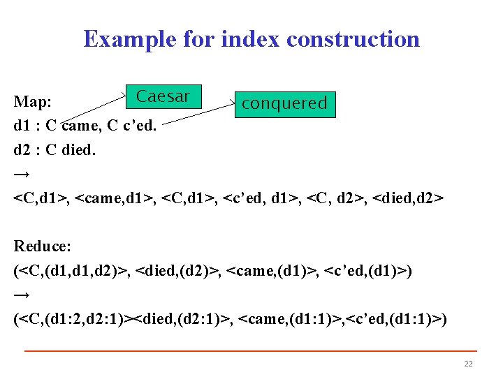 Example for index construction Caesar Map: conquered d 1 : C came, C c’ed.