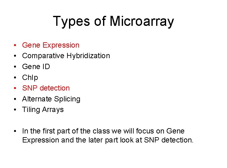 Types of Microarray • • Gene Expression Comparative Hybridization Gene ID Ch. Ip SNP