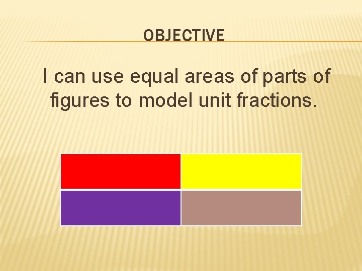 OBJECTIVE I can use equal areas of parts of figures to model unit fractions.