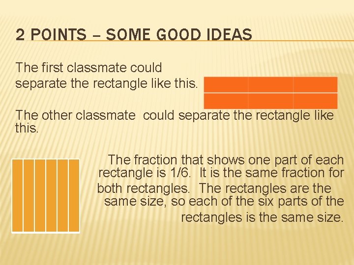 2 POINTS – SOME GOOD IDEAS The first classmate could separate the rectangle like