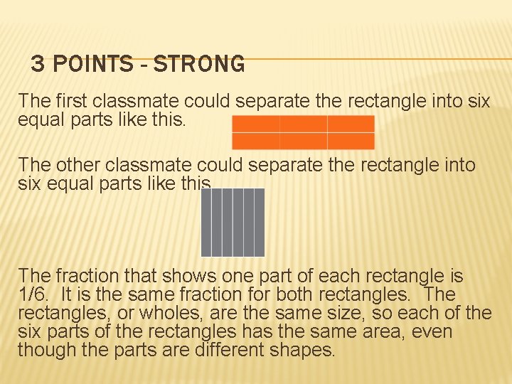 3 POINTS - STRONG The first classmate could separate the rectangle into six equal