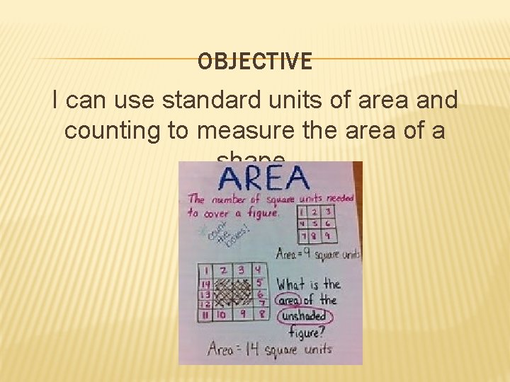OBJECTIVE I can use standard units of area and counting to measure the area