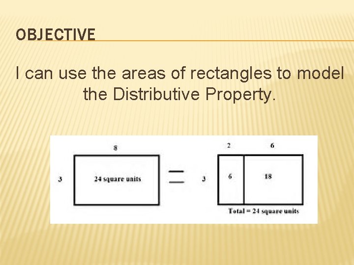 OBJECTIVE I can use the areas of rectangles to model the Distributive Property. 