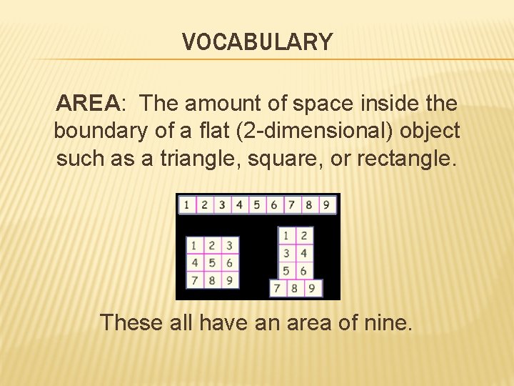 VOCABULARY AREA: The amount of space inside the boundary of a flat (2 -dimensional)