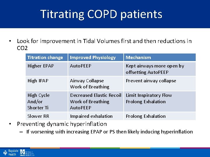 Titrating COPD patients • Look for improvement in Tidal Volumes first and then reductions