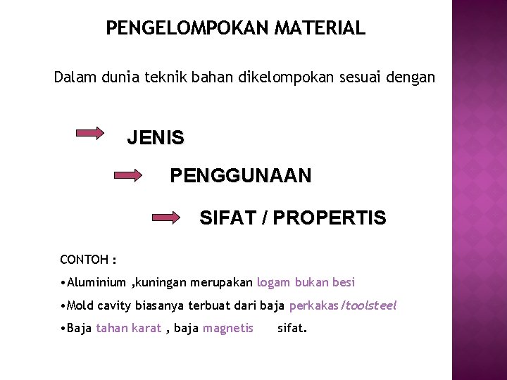 PENGELOMPOKAN MATERIAL Dalam dunia teknik bahan dikelompokan sesuai dengan JENIS PENGGUNAAN SIFAT / PROPERTIS