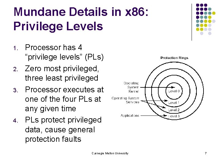 Mundane Details in x 86: Privilege Levels 1. 2. 3. 4. Processor has 4